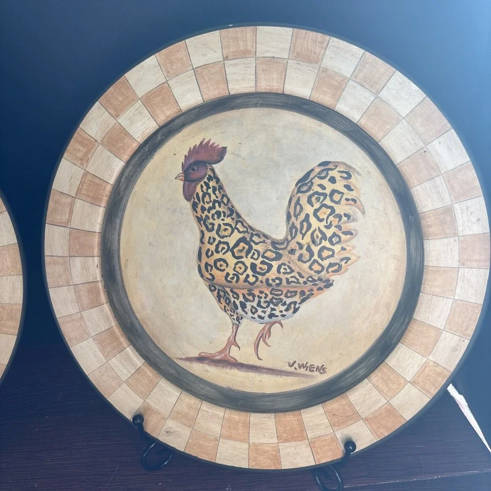 J. Weins Chetah‎ Animal Print Chickens Decorative Plates Set Of 2 Farmhouse